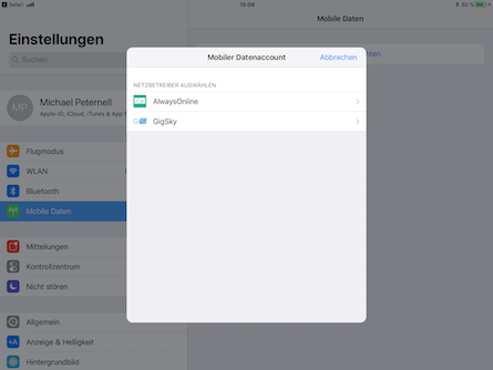 iPad Apple Sim Provider Auswahl