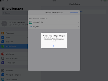 iPad Apple Sim Provider Auswahl fehlgeschlagen